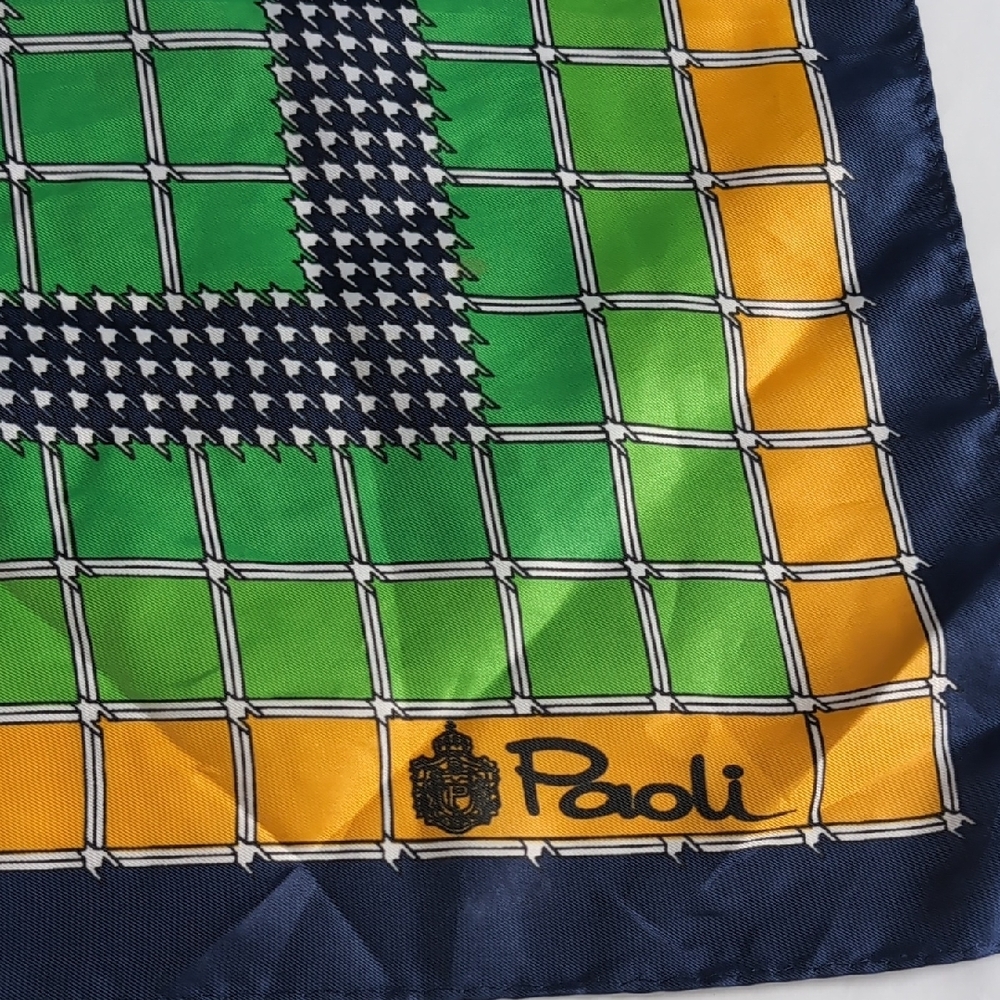 Square Graphic Silk Scarf in Green, Yellow & Navy - Picture 2 of 5